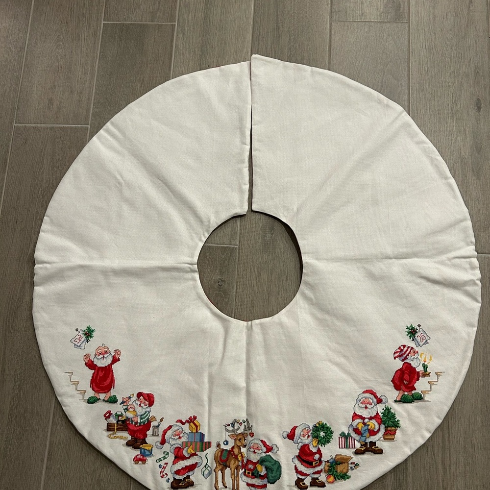 Completed Cross Stitch Christmas Tree Skirt Santa